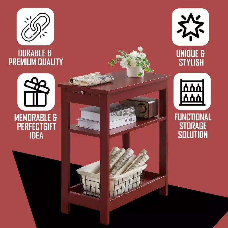 Mesita Auxiliar Lateral de Madera Delgada con Estantes de Almacenamiento y Bandeja Extraíble, Mesita de Noche para Dormitorio, Sala de Estar