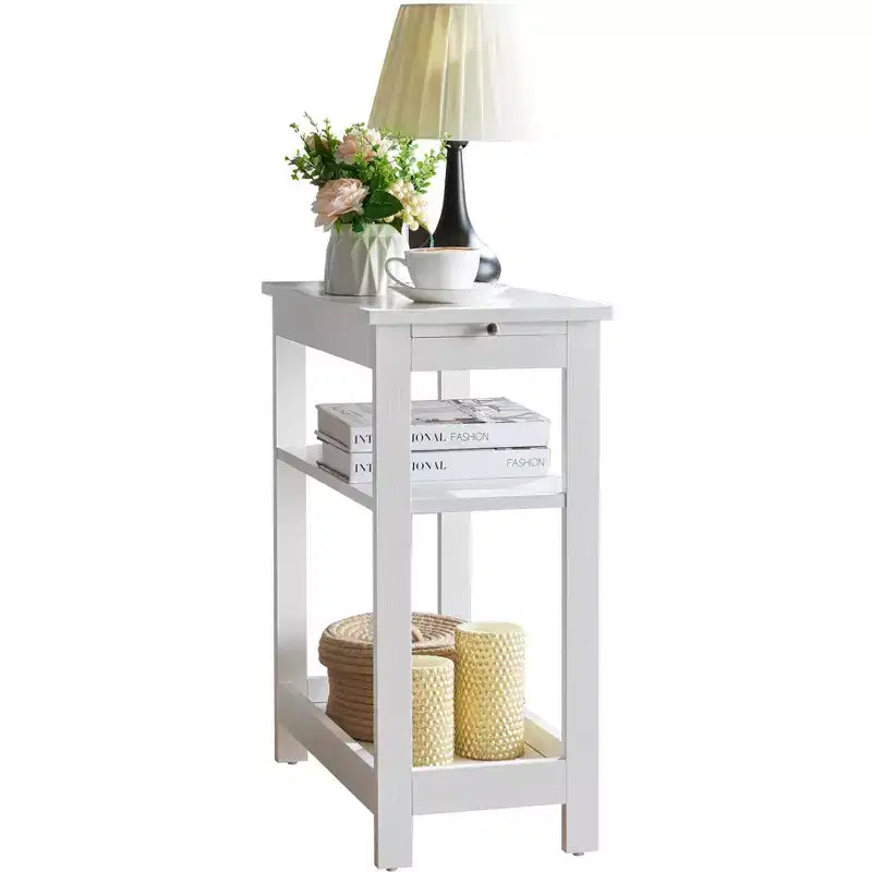 Mesita Auxiliar Lateral de Madera Delgada con Estantes de Almacenamiento y Bandeja Extraíble, Mesita de Noche para Dormitorio, Sala de Estar