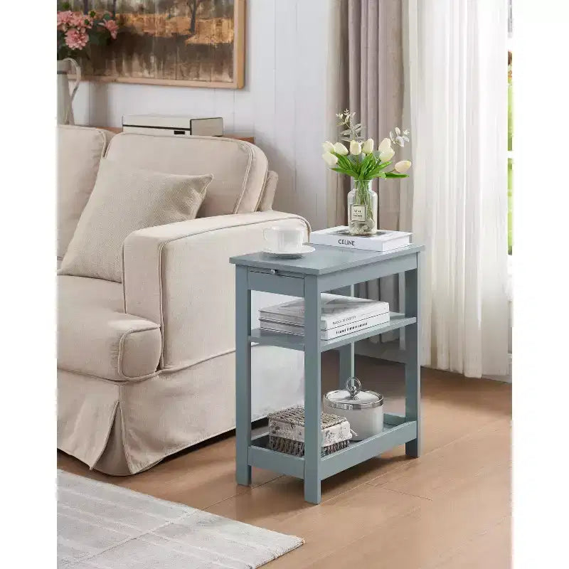 Mesita Auxiliar Lateral de Madera Delgada con Estantes de Almacenamiento y Bandeja Extraíble, Mesita de Noche para Dormitorio, Sala de Estar