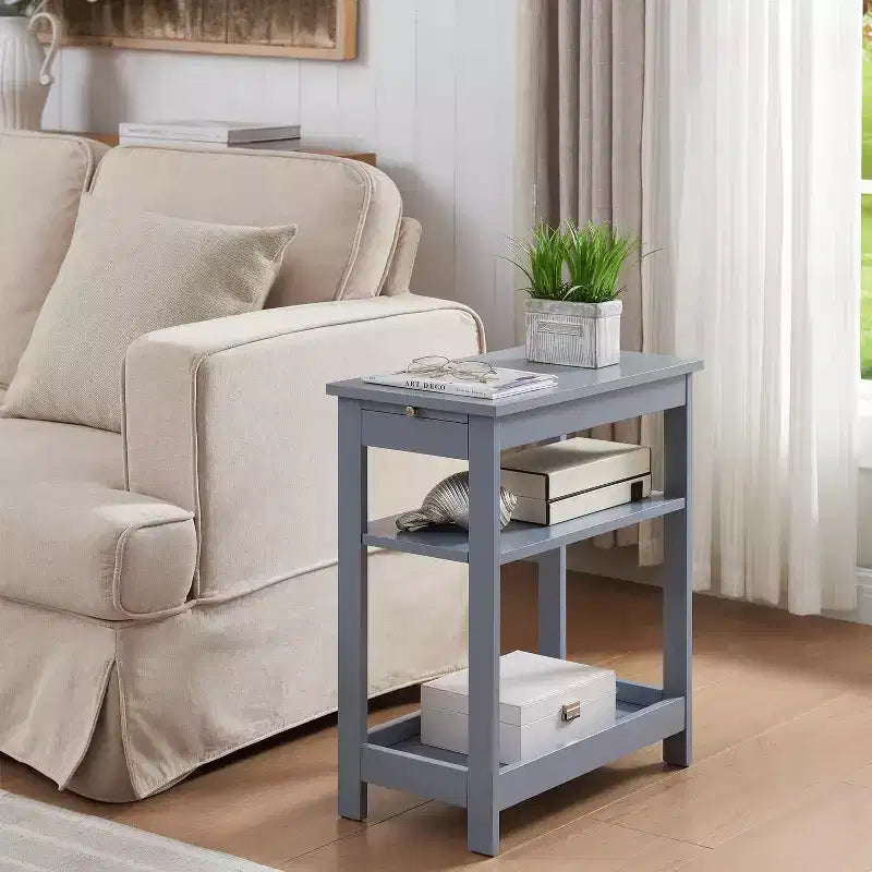 Mesita Auxiliar Lateral de Madera Delgada con Estantes de Almacenamiento y Bandeja Extraíble, Mesita de Noche para Dormitorio, Sala de Estar