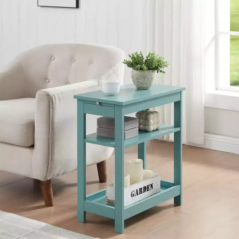 Mesita Auxiliar Lateral de Madera Delgada con Estantes de Almacenamiento y Bandeja Extraíble, Mesita de Noche para Dormitorio, Sala de Estar