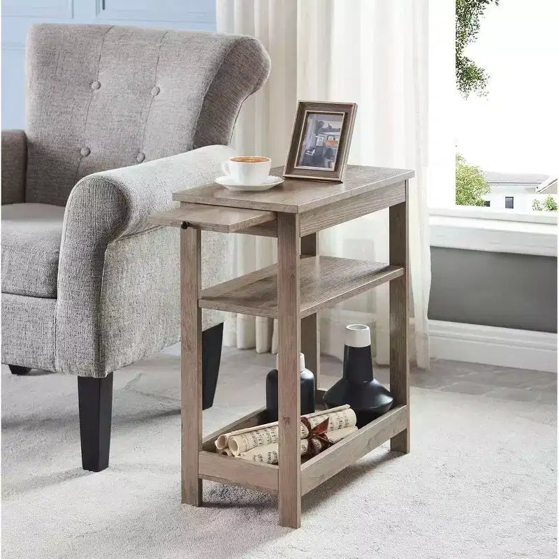 Mesita Auxiliar Lateral de Madera Delgada con Estantes de Almacenamiento y Bandeja Extraíble, Mesita de Noche para Dormitorio, Sala de Estar