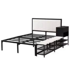 Cama de plataforma matrimonial de metal con estantes de almacenamiento de dos niveles y gabinete de almacenamiento de madera