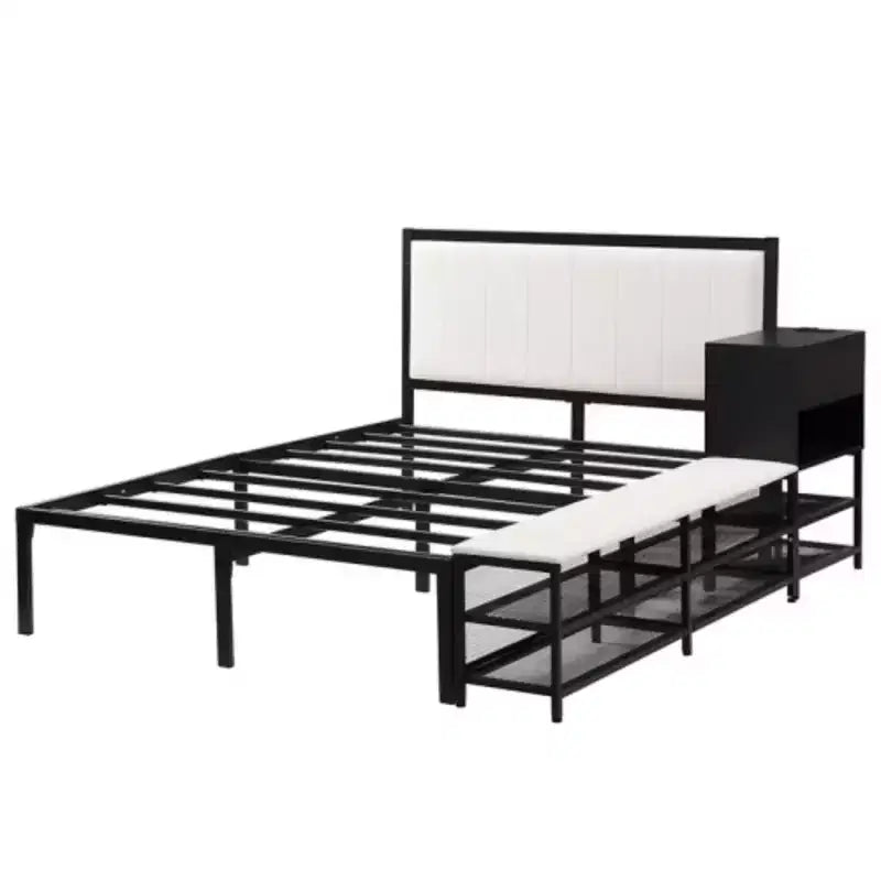 Cama de plataforma matrimonial de metal con estantes de almacenamiento de dos niveles y gabinete de almacenamiento de madera
