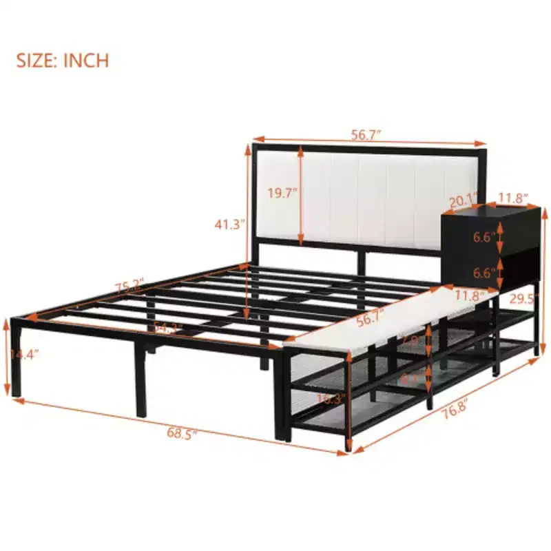 Cama de plataforma matrimonial de metal con estantes de almacenamiento de dos niveles y gabinete de almacenamiento de madera
