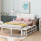 Cama de plataforma matrimonial de metal con estantes de almacenamiento de dos niveles y gabinete de almacenamiento de madera