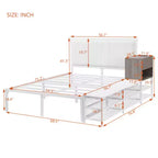 Cama de plataforma matrimonial de metal con estantes de almacenamiento de dos niveles y gabinete de almacenamiento de madera