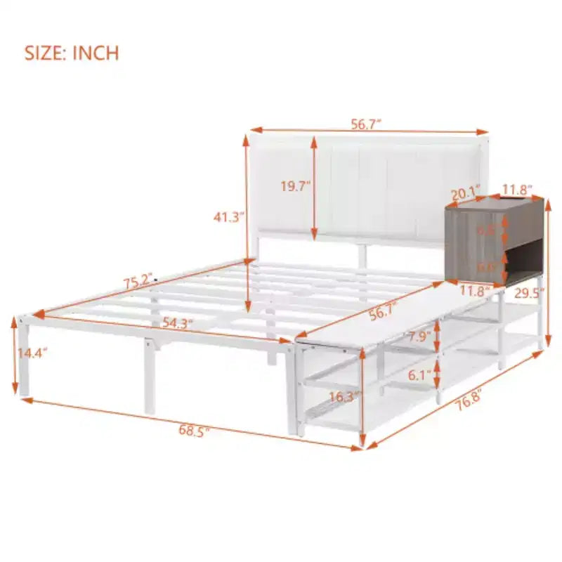 Cama de plataforma matrimonial de metal con estantes de almacenamiento de dos niveles y gabinete de almacenamiento de madera
