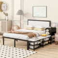 Cama de plataforma matrimonial de metal con estantes de almacenamiento de dos niveles y gabinete de almacenamiento de madera