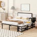 Cama de plataforma matrimonial de metal con estantes de almacenamiento de dos niveles y gabinete de almacenamiento de madera