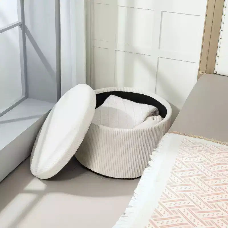 Otomana de Almacenamiento con Tapa, Otomana Puf Redonda de 61 cm con Almacenamiento, Taburete Reposapiés Tapizado de Pana para Sala de Estar, Dormitorio