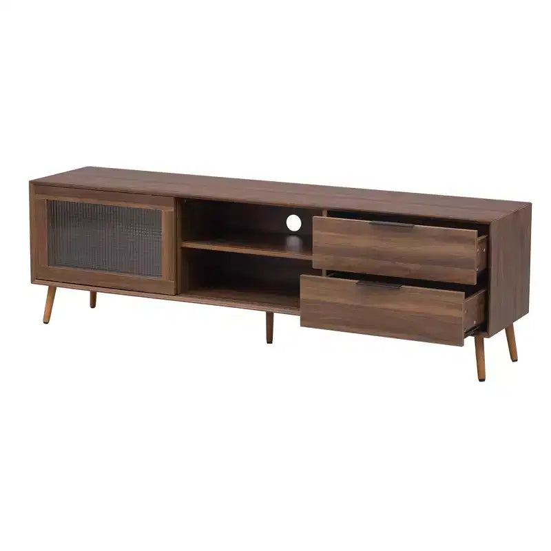 Mueble de TV moderno para televisores de hasta 80'', consola multimedia para TV con 2 puertas de cristal, centro de entretenimiento con 2 cajones y armario de almacenamiento, nogal