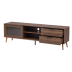 Mueble de TV moderno para televisores de hasta 80'', consola multimedia para TV con 2 puertas de cristal, centro de entretenimiento con 2 cajones y armario de almacenamiento, nogal
