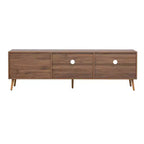Mueble de TV moderno para televisores de hasta 80'', consola multimedia para TV con 2 puertas de cristal, centro de entretenimiento con 2 cajones y armario de almacenamiento, nogal