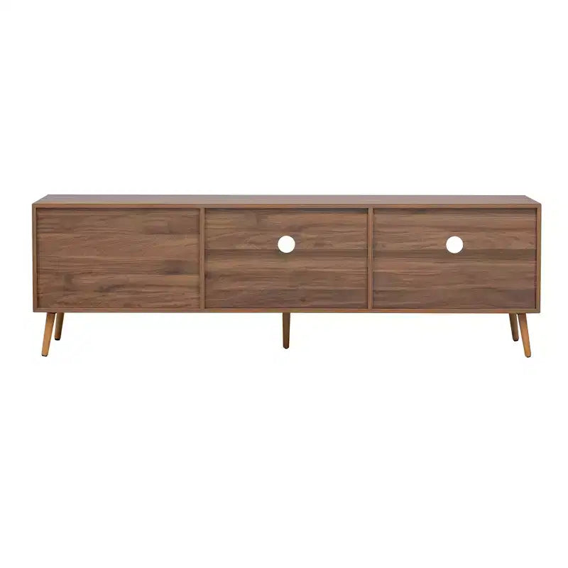 Mueble de TV moderno para televisores de hasta 80'', consola multimedia para TV con 2 puertas de cristal, centro de entretenimiento con 2 cajones y armario de almacenamiento, nogal