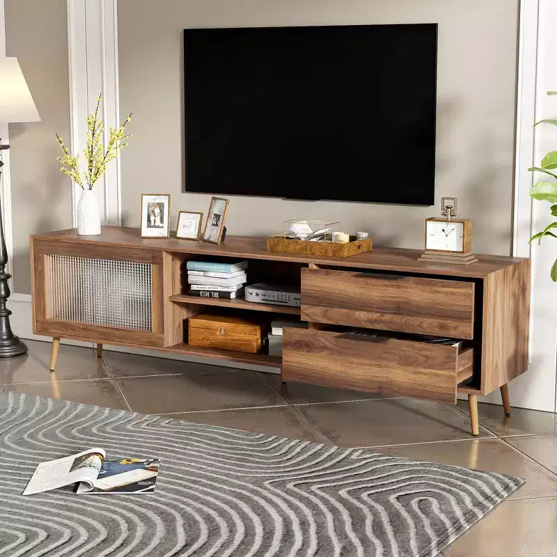 Mueble de TV moderno para televisores de hasta 80'', consola multimedia para TV con 2 puertas de cristal, centro de entretenimiento con 2 cajones y armario de almacenamiento, nogal