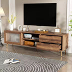 Mueble de TV moderno para televisores de hasta 80'', consola multimedia para TV con 2 puertas de cristal, centro de entretenimiento con 2 cajones y armario de almacenamiento, nogal