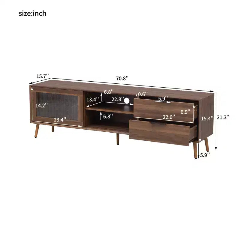 Mueble de TV moderno para televisores de hasta 80'', consola multimedia para TV con 2 puertas de cristal, centro de entretenimiento con 2 cajones y armario de almacenamiento, nogal