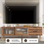 Mueble de TV moderno para televisores de hasta 80'', consola multimedia para TV con 2 puertas de cristal, centro de entretenimiento con 2 cajones y armario de almacenamiento, nogal