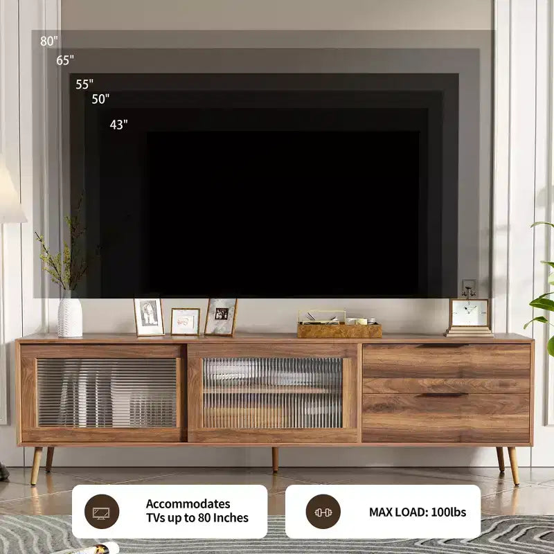 Mueble de TV moderno para televisores de hasta 80'', consola multimedia para TV con 2 puertas de cristal, centro de entretenimiento con 2 cajones y armario de almacenamiento, nogal