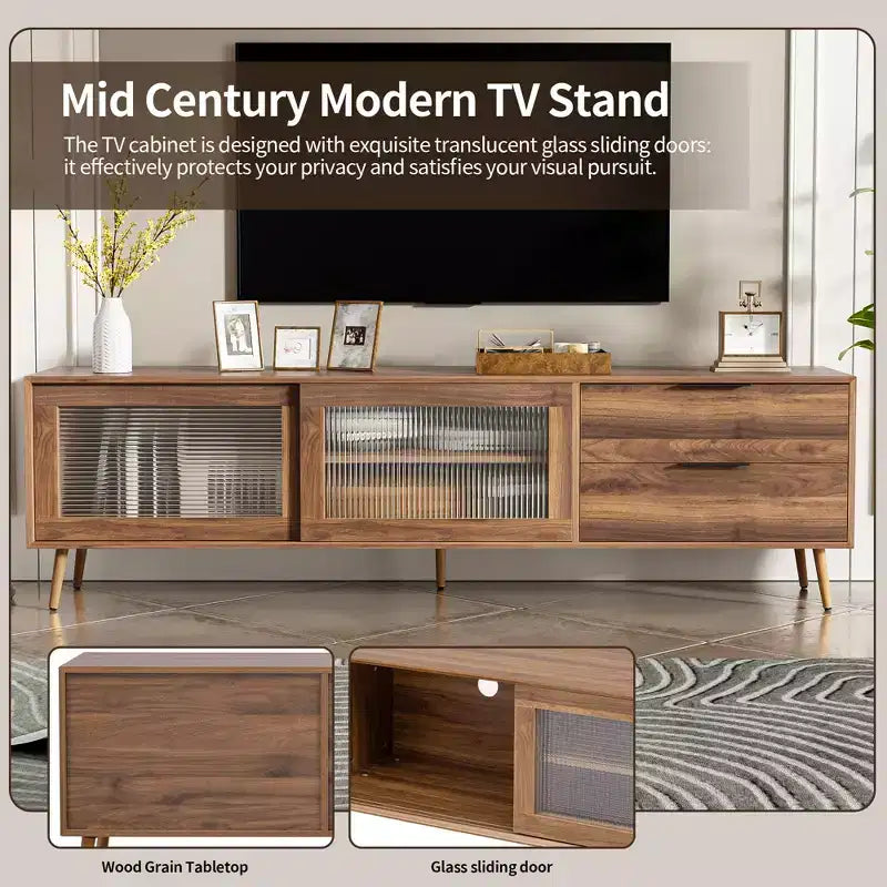 Mueble de TV moderno para televisores de hasta 80'', consola multimedia para TV con 2 puertas de cristal, centro de entretenimiento con 2 cajones y armario de almacenamiento, nogal