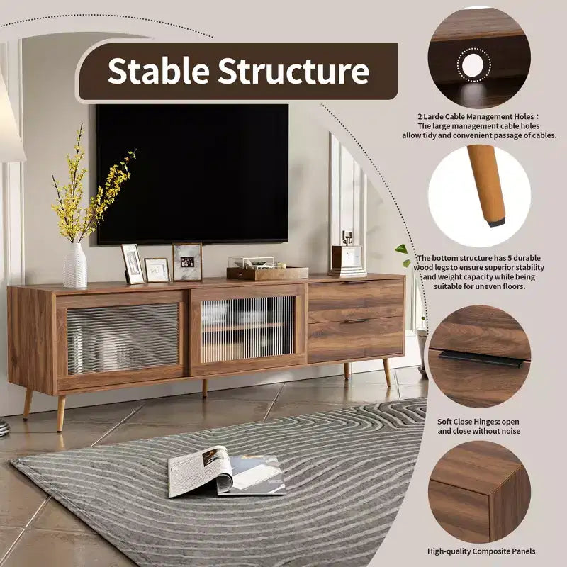 Mueble de TV moderno para televisores de hasta 80'', consola multimedia para TV con 2 puertas de cristal, centro de entretenimiento con 2 cajones y armario de almacenamiento, nogal