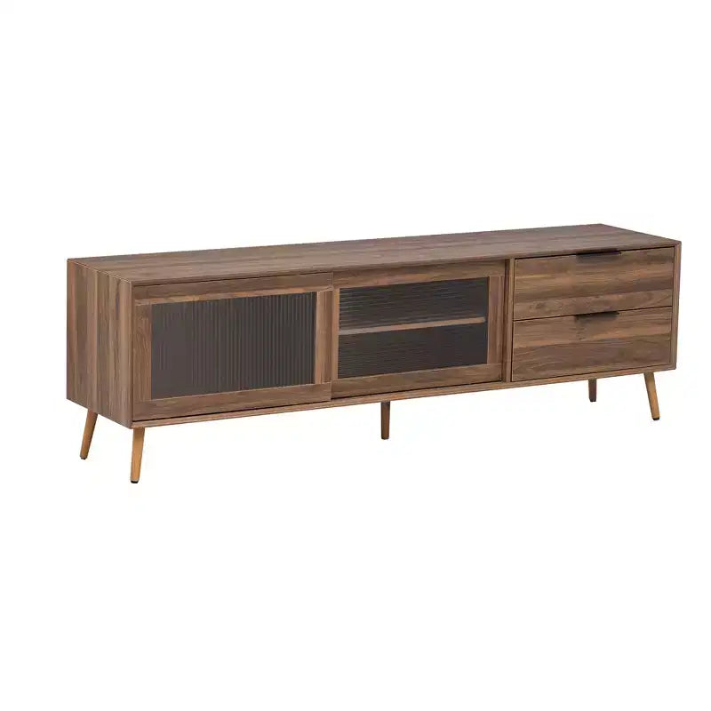 Mueble de TV moderno para televisores de hasta 80'', consola multimedia para TV con 2 puertas de cristal, centro de entretenimiento con 2 cajones y armario de almacenamiento, nogal