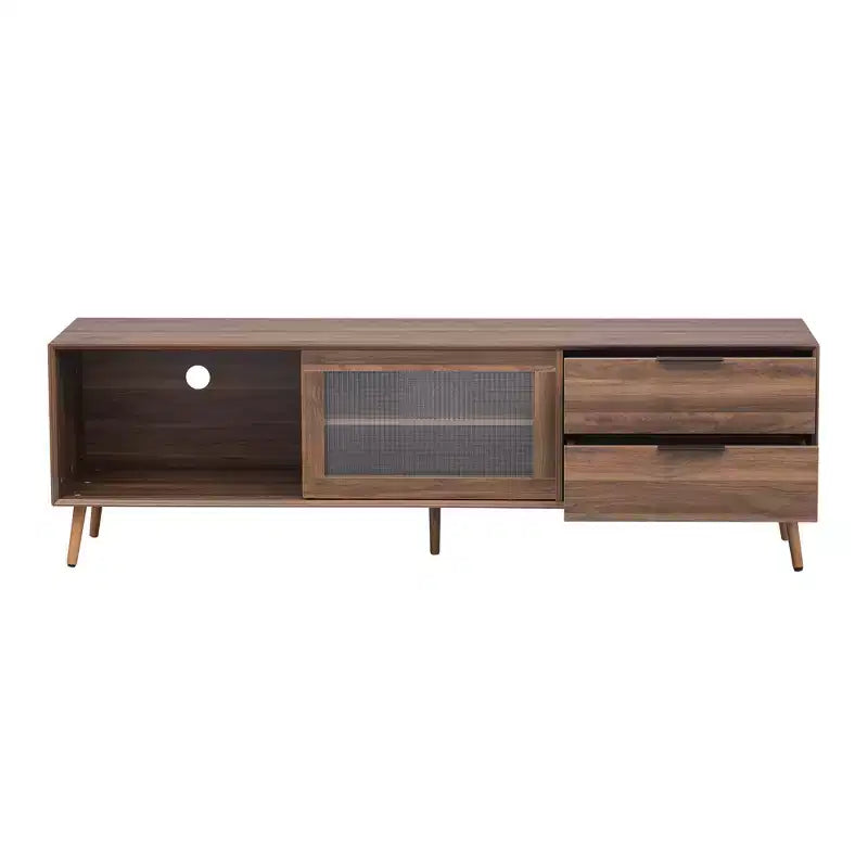 Mueble de TV moderno para televisores de hasta 80'', consola multimedia para TV con 2 puertas de cristal, centro de entretenimiento con 2 cajones y armario de almacenamiento, nogal