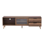Mueble de TV moderno para televisores de hasta 80'', consola multimedia para TV con 2 puertas de cristal, centro de entretenimiento con 2 cajones y armario de almacenamiento, nogal