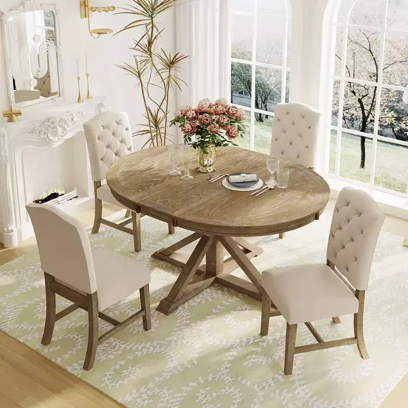 Mesa de Comedor de Estilo Retro con Mesa Extensible y 4 Sillas Tapizadas