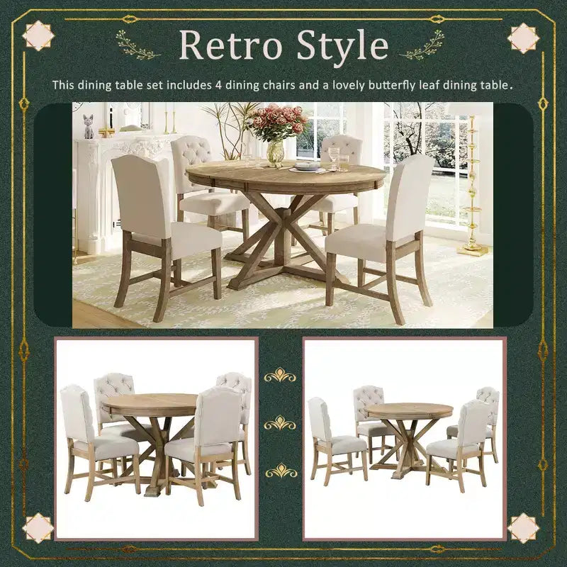 Mesa de Comedor de Estilo Retro con Mesa Extensible y 4 Sillas Tapizadas