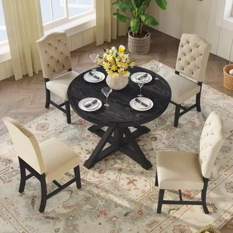 Mesa de Comedor de Estilo Retro con Mesa Extensible y 4 Sillas Tapizadas