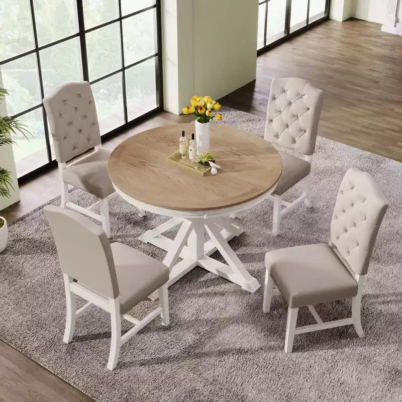 Mesa de Comedor de Estilo Retro con Mesa Extensible y 4 Sillas Tapizadas