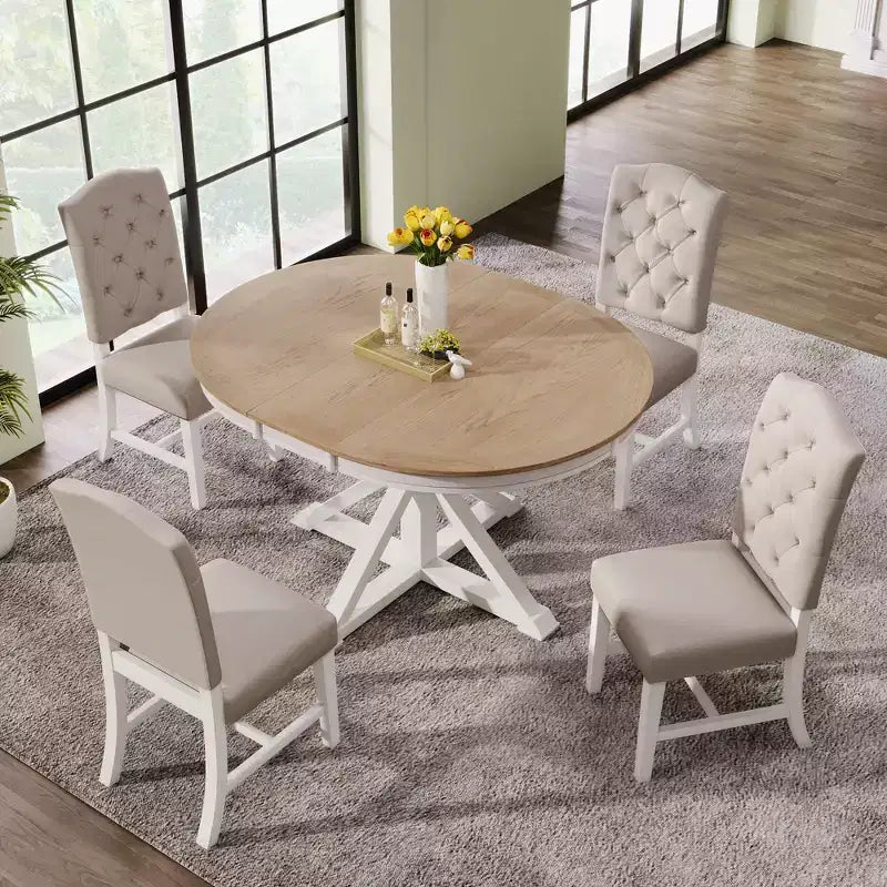 Mesa de Comedor de Estilo Retro con Mesa Extensible y 4 Sillas Tapizadas