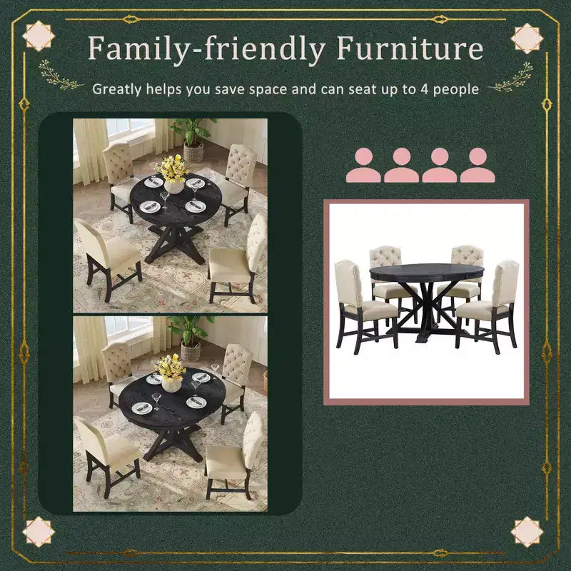 Mesa de Comedor de Estilo Retro con Mesa Extensible y 4 Sillas Tapizadas