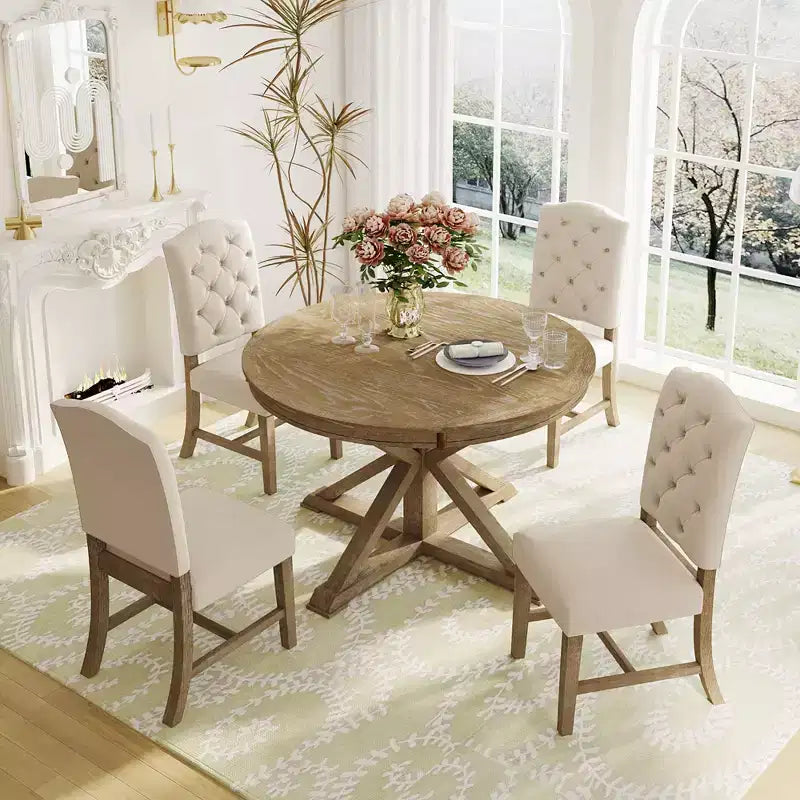 Mesa de Comedor de Estilo Retro con Mesa Extensible y 4 Sillas Tapizadas