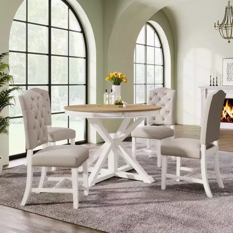 Mesa de Comedor de Estilo Retro con Mesa Extensible y 4 Sillas Tapizadas