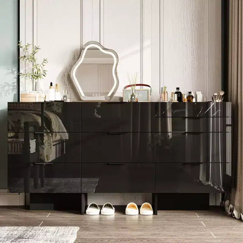 Cómoda Brillante con Detalles de Mármol, Cajonera de 6 Cajones para Dormitorio, Sala de Estar y Cocina