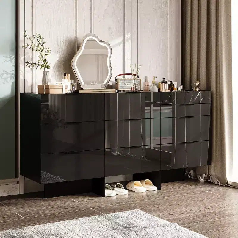 Cómoda Brillante con Detalles de Mármol, Cajonera de 6 Cajones para Dormitorio, Sala de Estar y Cocina