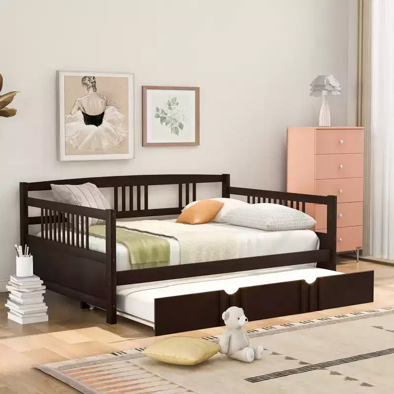 Cama nido doble/matrimonial, marco de cama de plataforma de madera con cama nido doble/dos cajones