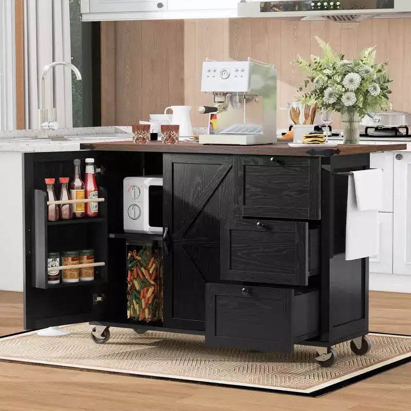 54.5 Isla de cocina de granja negra con tabla de extensión, carrito de cocina rodante con ruedas para el comedor de la cocina del hogar
