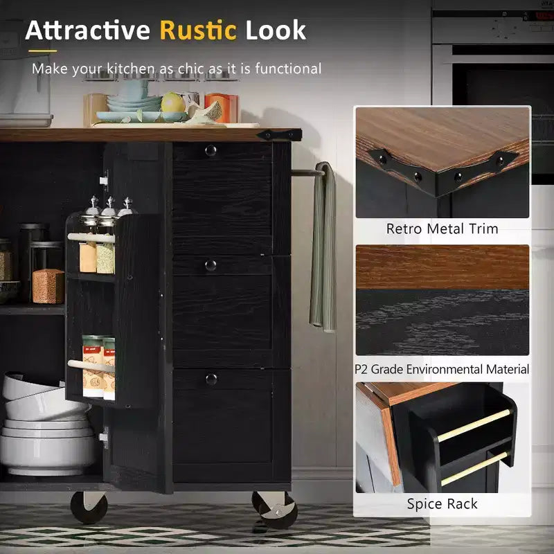 54.5 Isla de cocina de granja negra con tabla de extensión, carrito de cocina rodante con ruedas para el comedor de la cocina del hogar