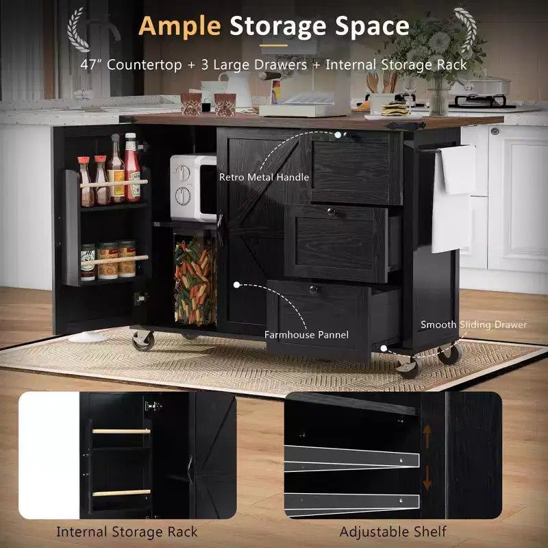 54.5 Isla de cocina de granja negra con tabla de extensión, carrito de cocina rodante con ruedas para el comedor de la cocina del hogar