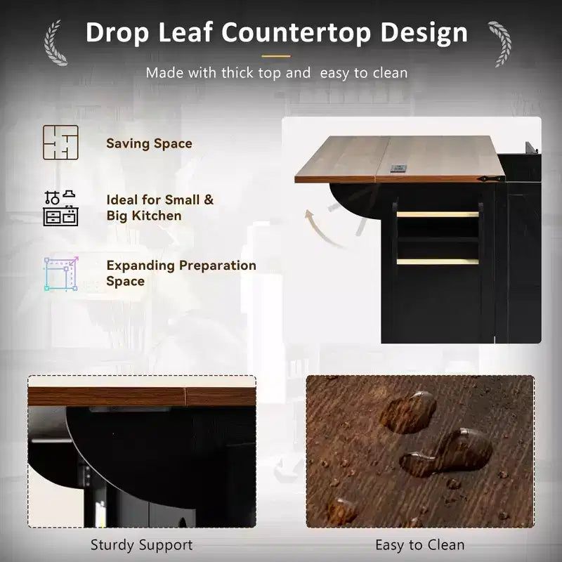 54.5 Isla de cocina de granja negra con tabla de extensión, carrito de cocina rodante con ruedas para el comedor de la cocina del hogar