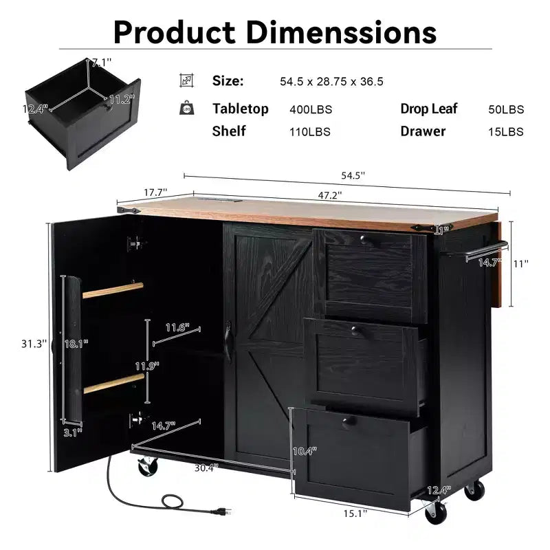 54.5 Isla de cocina de granja negra con tabla de extensión, carrito de cocina rodante con ruedas para el comedor de la cocina del hogar