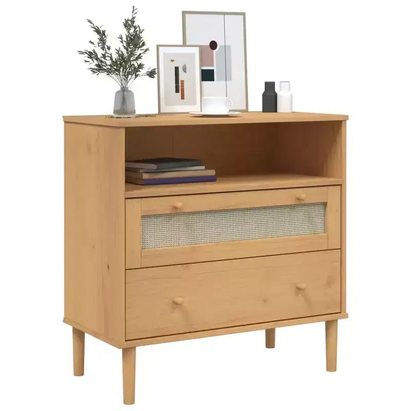 Cómoda de aspecto ratán marrón de 80x40x80 cm de madera maciza de pino