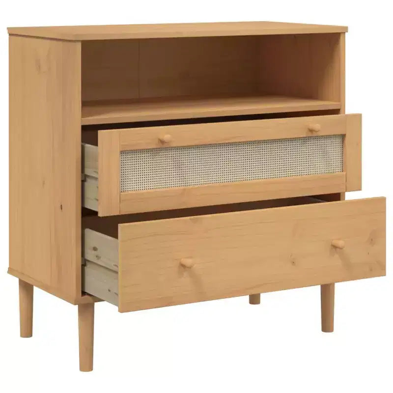 Cómoda de aspecto ratán marrón de 80x40x80 cm de madera maciza de pino