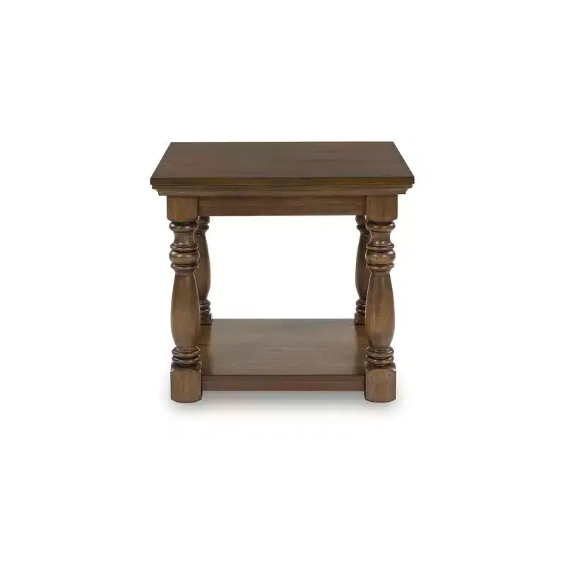 Mesa auxiliar rectangular tradicional - Mesa auxiliar de dos niveles con postes decorativos, Marrón