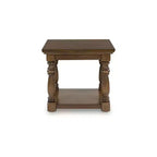 Mesa auxiliar rectangular tradicional - Mesa auxiliar de dos niveles con postes decorativos, Marrón