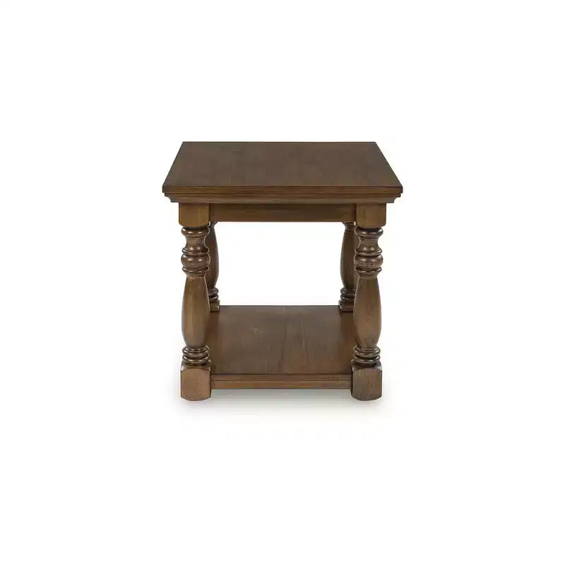 Mesa auxiliar rectangular tradicional - Mesa auxiliar de dos niveles con postes decorativos, Marrón